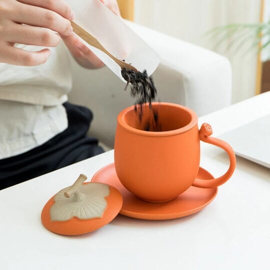 Ceramic Persimmon Mug Orange Tea Cup With Saucer And Infuser Office Tea Cup Mugs