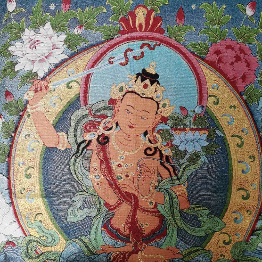 Tibet Buddhism Decor Silk Inwrought wisdom Manjushri Kwan-yin Thangka Mural