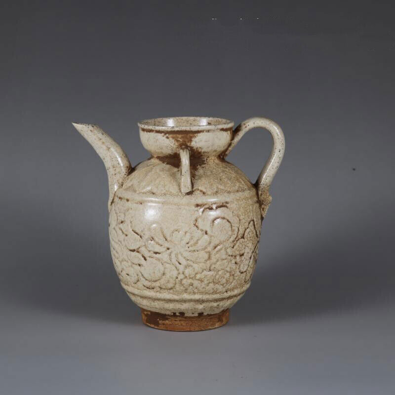 Chinese Song Ding Kiln Porcelain Carved Flowers Flagon Wine Pot Teapot 4.33 inch