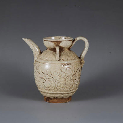 Chinese Song Ding Kiln Porcelain Carved Flowers Flagon Wine Pot Teapot 4.33 inch