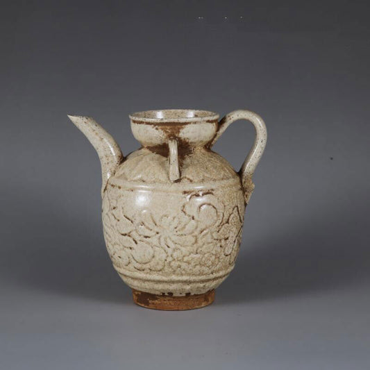 Chinese Song Ding Kiln Porcelain Carved Flowers Flagon Wine Pot Teapot 4.33 inch