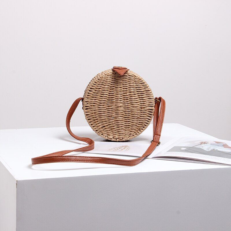 Women Summer Rattan Bag Round Straw Handmade Beach Bag Bohemia Handbag 1PC Green