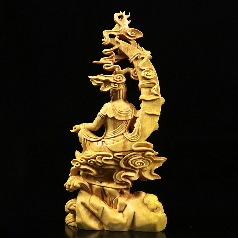 Modern Solid Wood Water Moon Guanyin Statue Finely Carved Buddha Statues