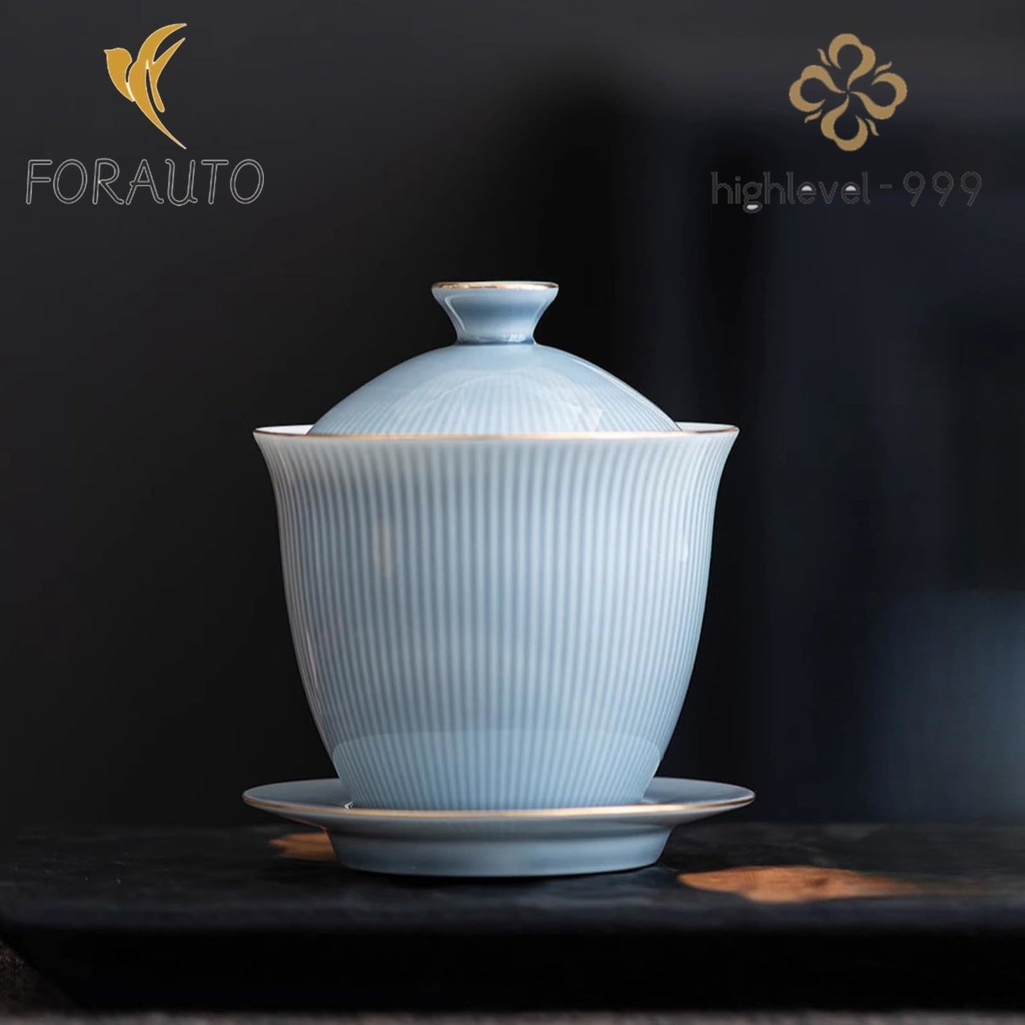 Golden Line Dusty Blue Jade Ceramic Gaiwan 135ml 4.5oz Handmade Kungfu Tea Set