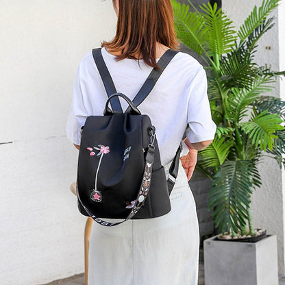 Nylon Backpack Flower Embroidered Shoulder School Book Bags Traveling Anti-Theft