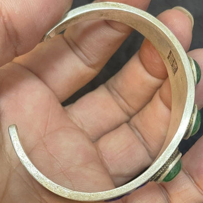 Old Chinese Tibet Silver Inlay Green Jade Handmade Bracelet