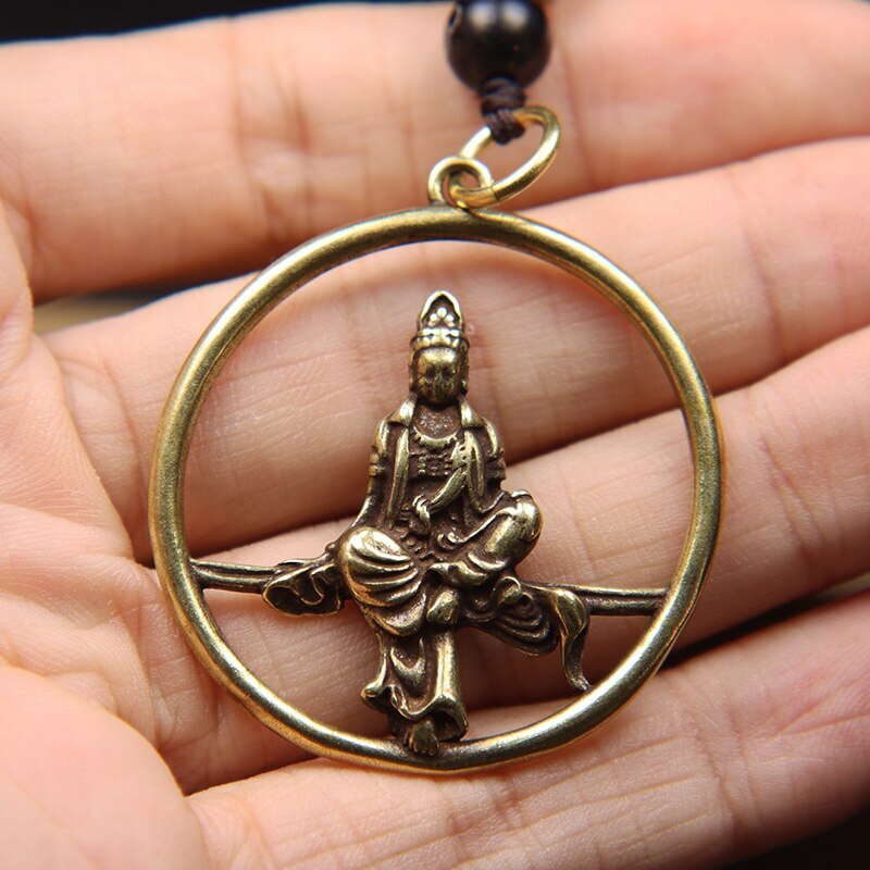 Vintage Brass Guanyin Bodhisattva Round Key Chain Ring Lanyard Pendant Buddhist
