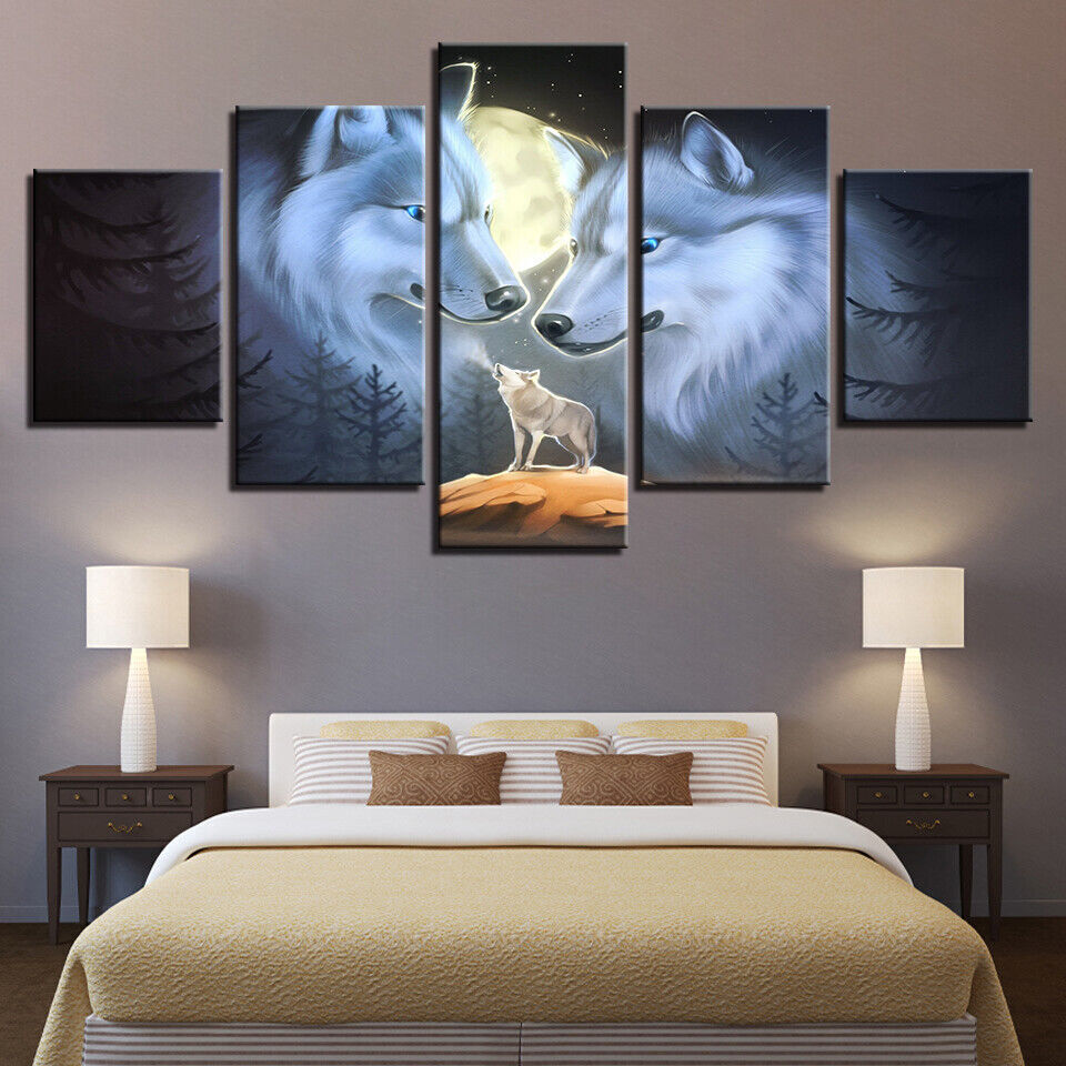 Animals Wolf Full Moon Wolves Canvas Print Painting Wall Art Home Decor 5PCS