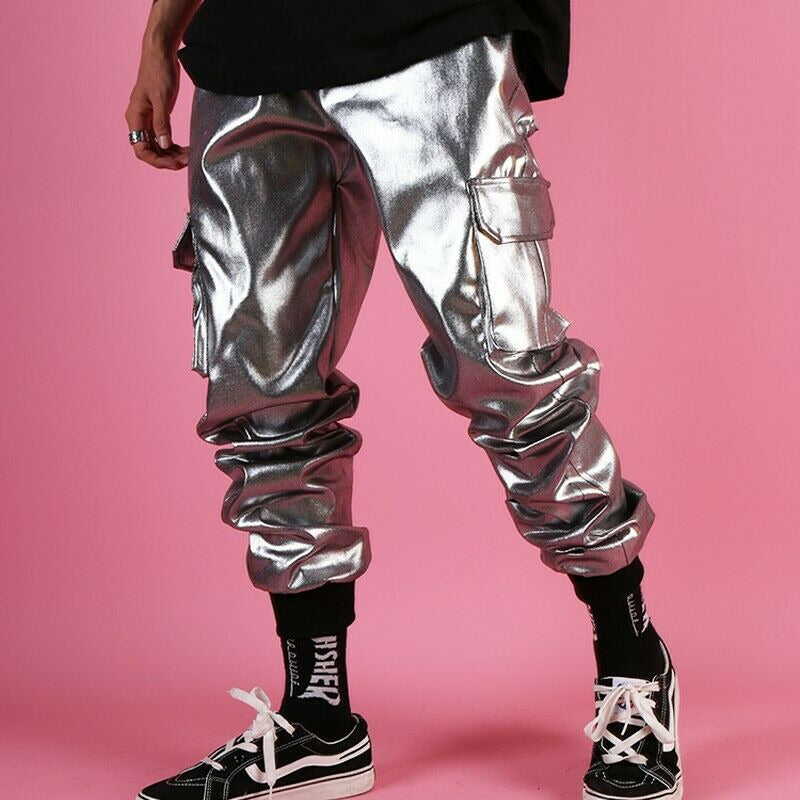 Men's Glossy Harem Pants Nightclub Trousers Hip Hop Dance Shiny Multi-pocket New