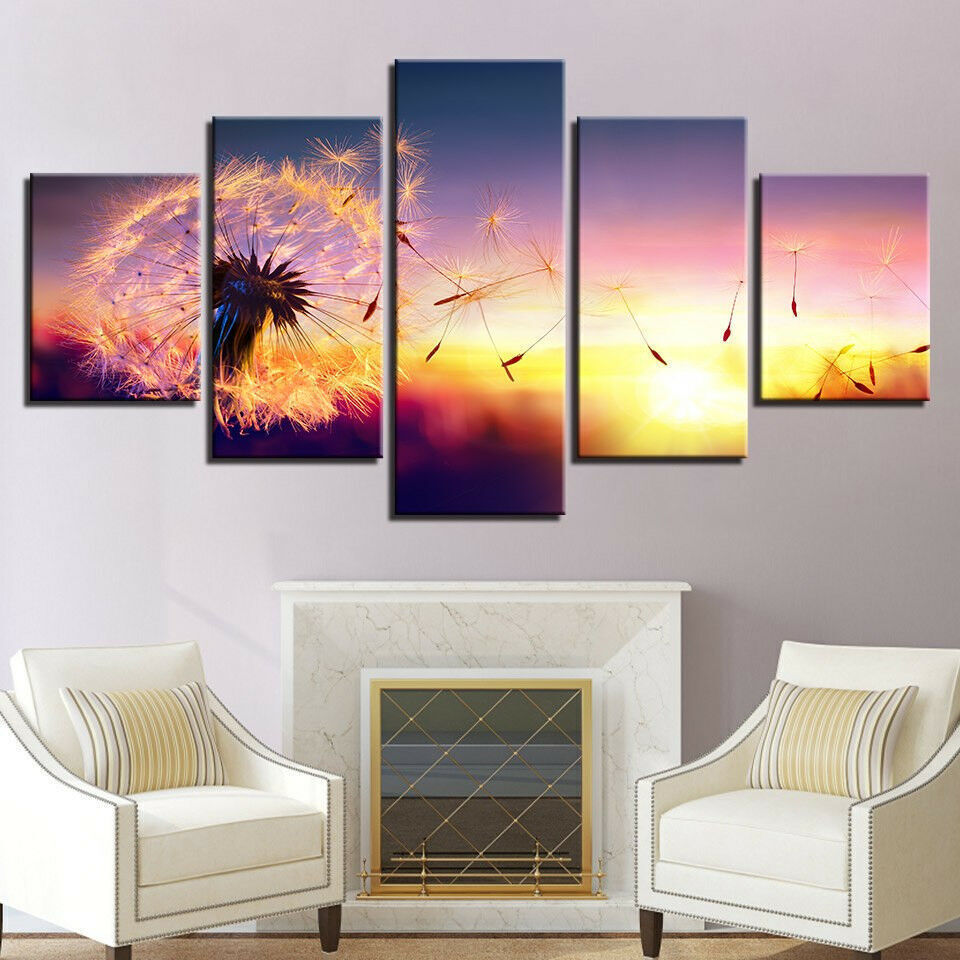 Dandelion Flower Sunset Meadow Landscape Painting 5 Panel Canvas Print Wall Art