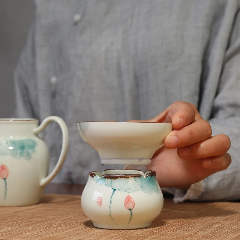 Hand Painted Lotus Porcelain Tea Strainer China Tea Leaf Spice Filter Kungfu Tea