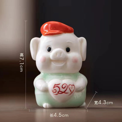 Ceramic Pig Red Cap Tea Pet Porcelain Desktop Ornament Decor Pig Tea Figures
