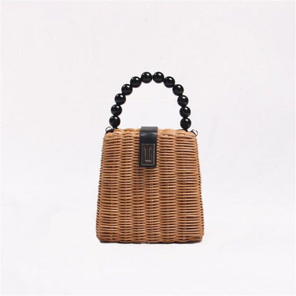 Summer New Straw Rattan Bag for Women Beaded Handle Seaside Beach Crossbody Bag