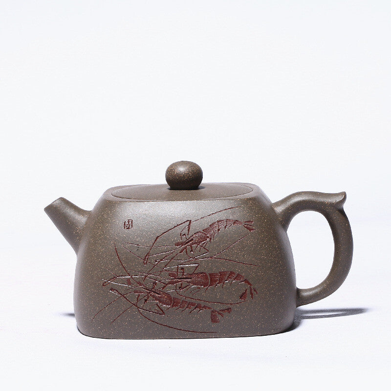 Full Handmade Tea Pot Marked Hand Carved Shrimp Yixing Zisha Xiekeqing Clay Pot