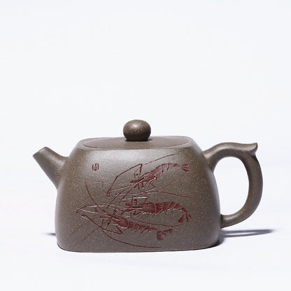 Full Handmade Tea Pot Marked Hand Carved Shrimp Yixing Zisha Xiekeqing Clay Pot