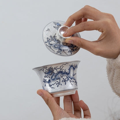 silver gaiwan ceramic tureen tea cup dragon design chinese tea set handpainted