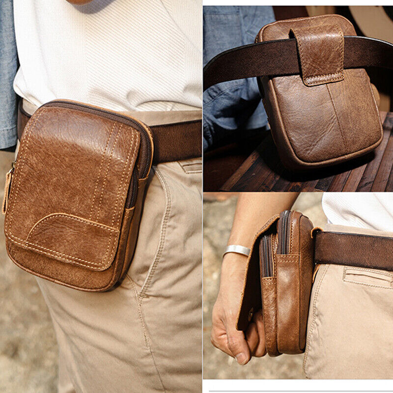 100% Genuine Leather Outdoor Sport Waist Bag Men's Brown Belt Bag & Fanny Pack