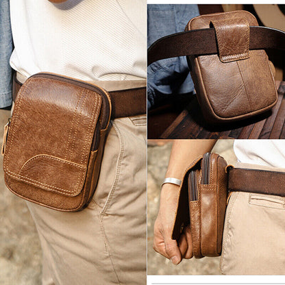 100% Genuine Leather Outdoor Sport Waist Bag Men's Brown Belt Bag & Fanny Pack