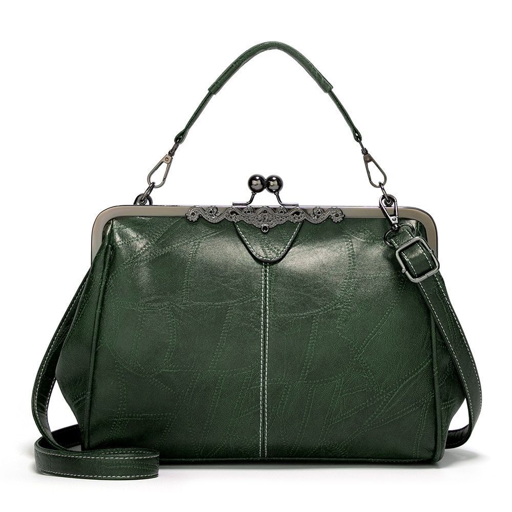 Vintage Small Shoulder Bag Retro Handbags Kiss Lock Crossbody Purse Leather Bag