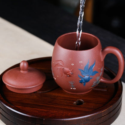 one cup with lid handle real yixing zisha mug handmade golden fish relief 280ml
