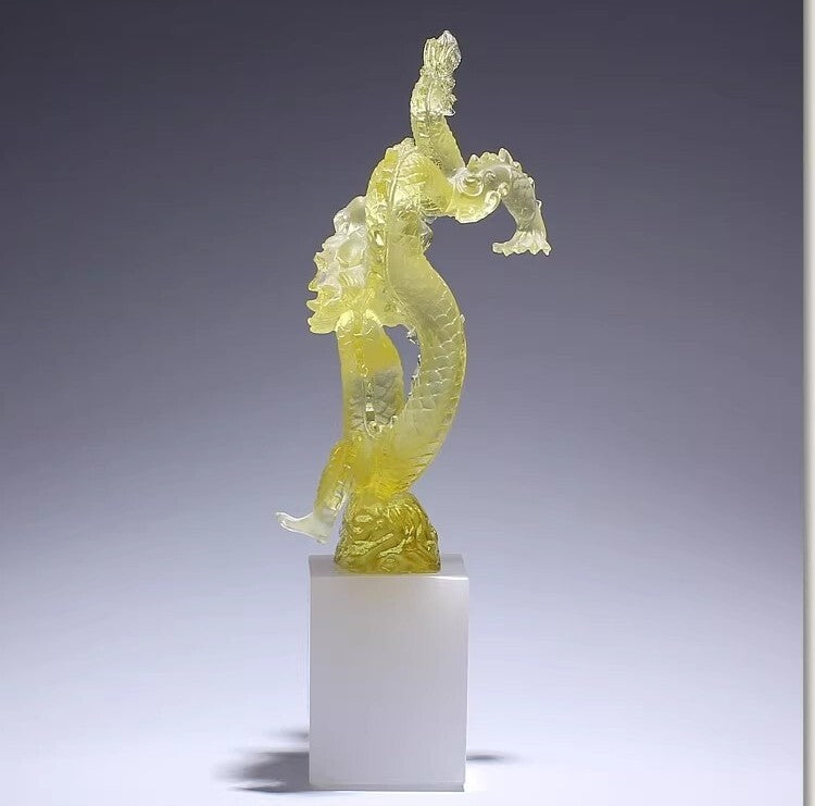 9" Chinese Liu Li Feng Shui Decor Crystal Dragon Statue Office