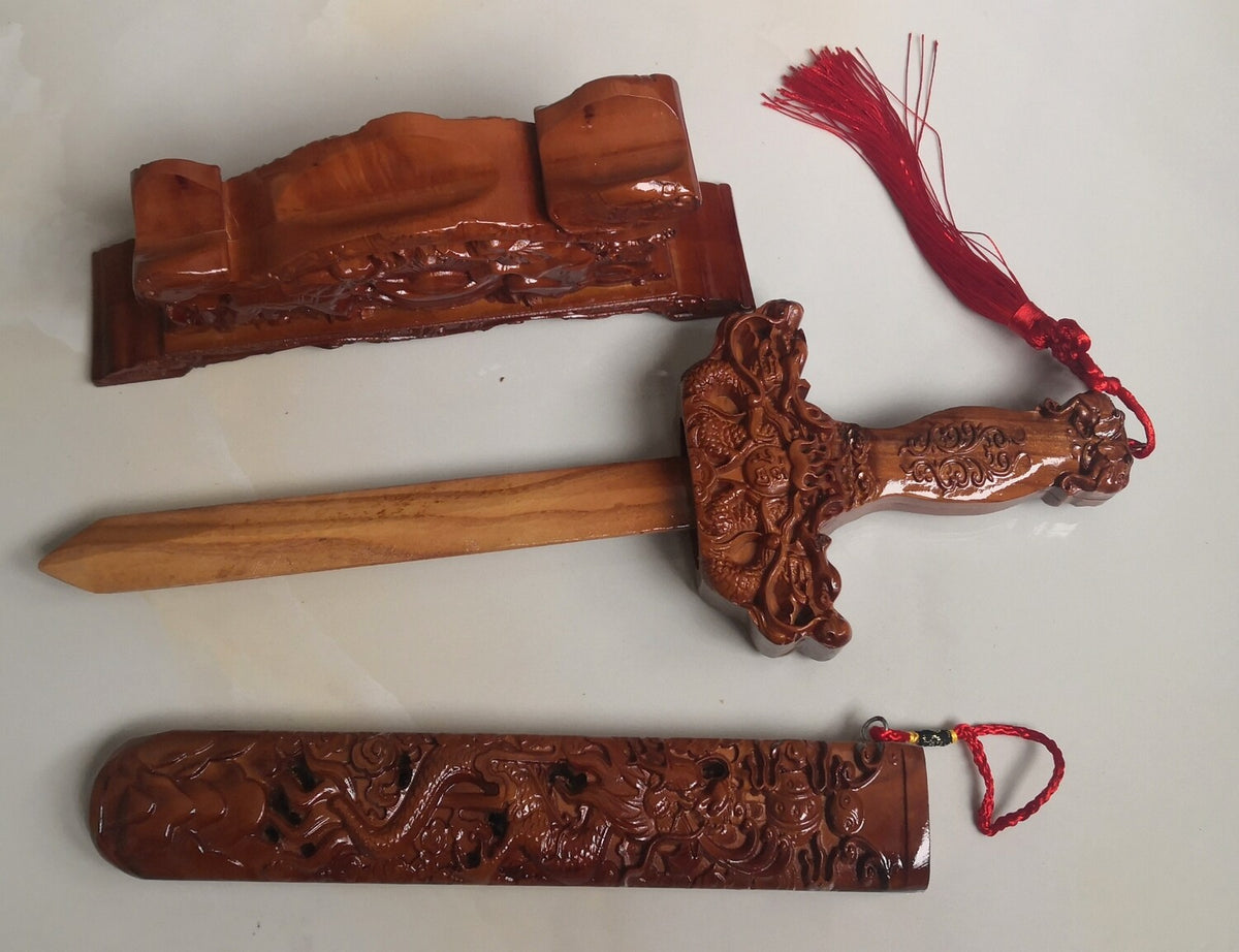 Feng Shui Dragon Peach Wood Sword Base Blessing Exorcise Evil