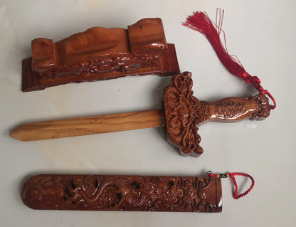 Feng Shui Dragon Peach Wood Sword Base Blessing Exorcise Evil