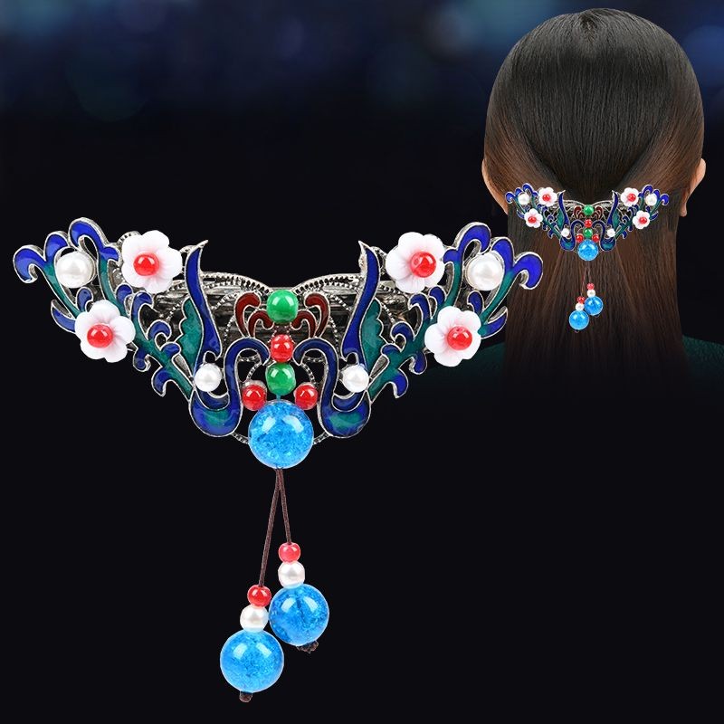Vintage Chinese Cloisonne Large Spring Hair Clip Retro Tassel Barrette for Women