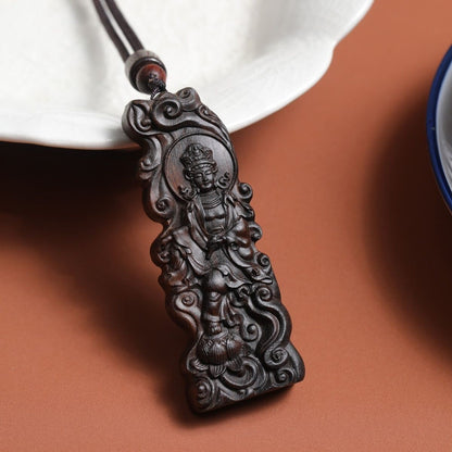 Indonesia Dala dry Agarwood Hand-carved Cloud lotus Kwan-yin Statue Pendant