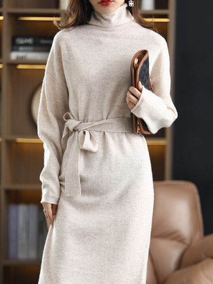 100% Wool Ladies Dress Long-sleeved Long High-neck Cashmere Dress Sweater