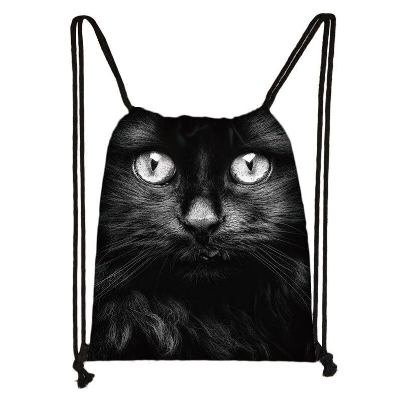 Black Cat Drawstring Bag Women Shopping Purse Canvas Travelling Bag Backpack 1PC