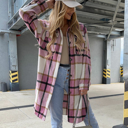Women's Check Plaid Jacket Shacket Top Oversize Button Baggy Long Shirt Coat