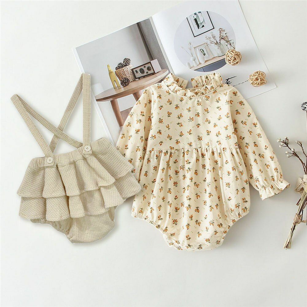 Baby Girls Clothes Set 2Pcs Vintage Cotton Floral Blouse Shirts Rompers Newborn