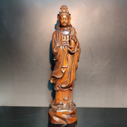 8" Wooden Chinese Quan Kwan-Yin Statues Praying Buddha Wall Decor Avalokitesvara