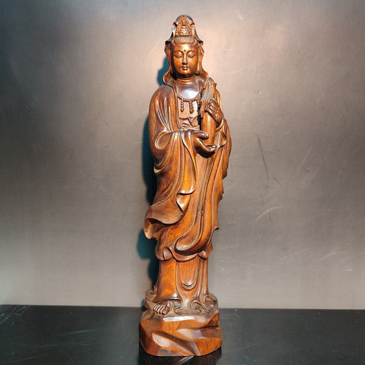 8" Wooden Chinese Quan Kwan-Yin Statues Praying Buddha Wall Decor Avalokitesvara