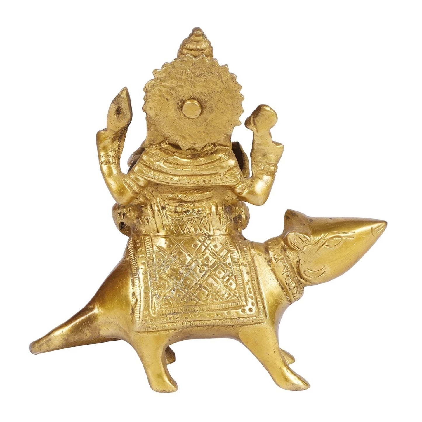 Brass Ganesha Sitting on Mooshak Mouse Idol Statue Decor Figurine