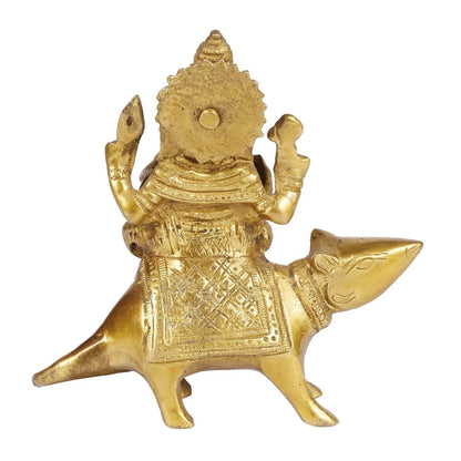 Brass Ganesha Sitting on Mooshak Mouse Idol Statue Decor Figurine