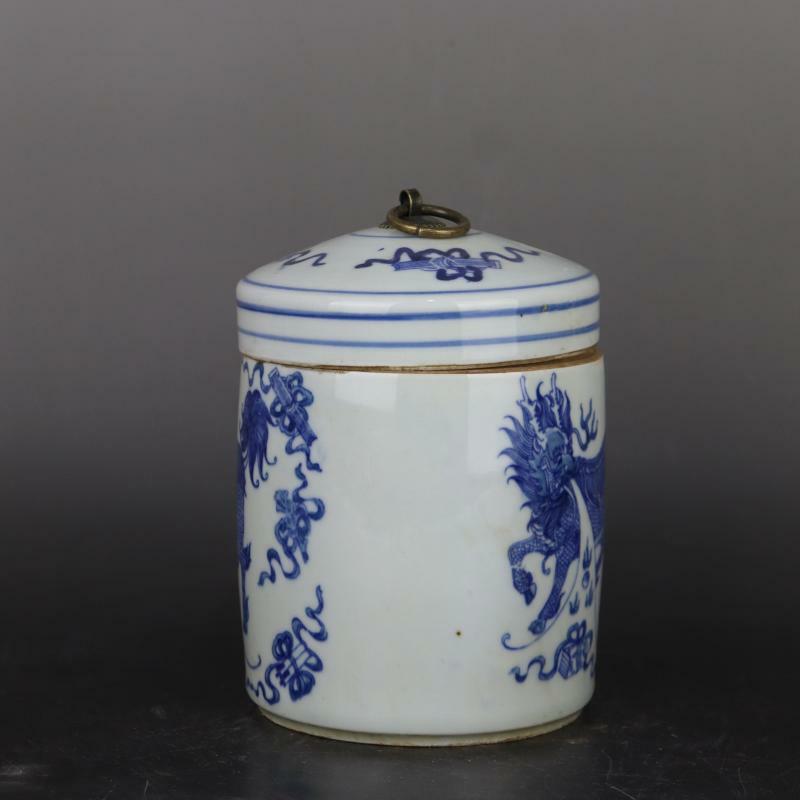6.6“ Chinese Blue & White Porcelain Jar Qing Qianlong Kylin Design Pot Tea Caddy