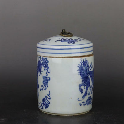 6.6“ Chinese Blue & White Porcelain Jar Qing Qianlong Kylin Design Pot Tea Caddy