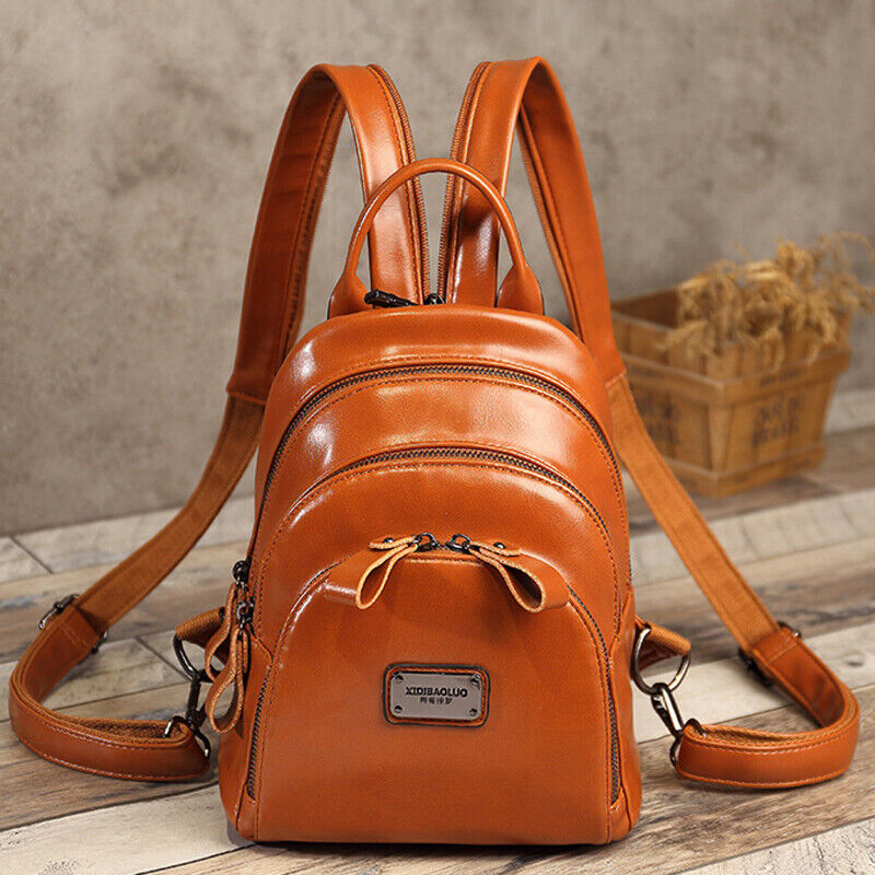 Oil Wax Leather Women's Fashion Small Backpack Mini Cute Shoulder Bag Rucksack