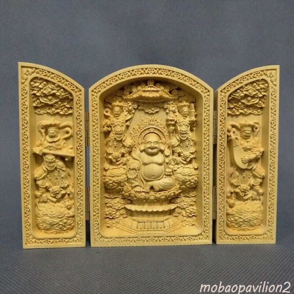 Chinese exquisite boxwood hand-carved Maitreya statue folding ornaments