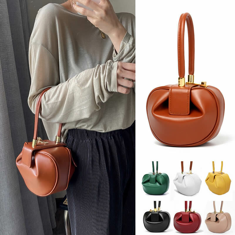 Real Leather Wonton Round Pouch Clutch Purse Top Handle Tote Handbag Grab Bag