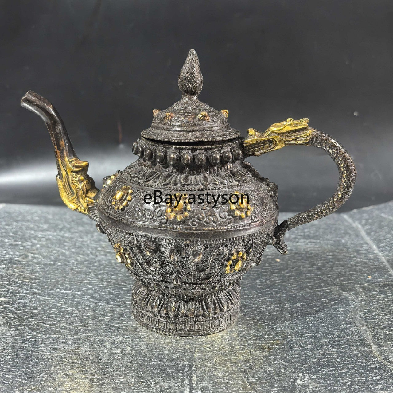 6" Antique Old Chinese Dynasty Bronze Gilt Feng Shui Dragon Teapot Teakettle