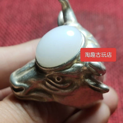 Antique Ox Head Ring Silver Inlaid Jade Adjustable Qing Style
