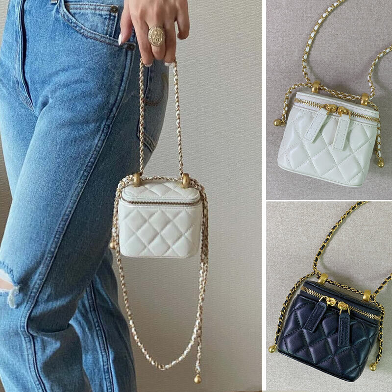 Quilted Lambskin Leather Vanity Case Clutch Pouch Chain Crossbody Box Bag Purse