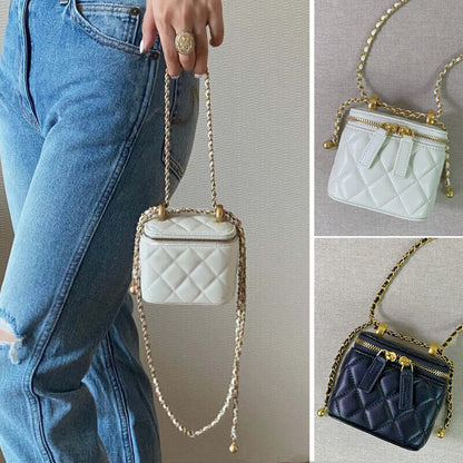 Quilted Lambskin Leather Vanity Case Clutch Pouch Chain Crossbody Box Bag Purse