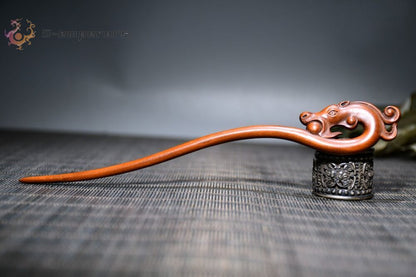 Chinese Antique Boxwood Wooden Carved Dragon Statue Hairpin Hair Accessories Art