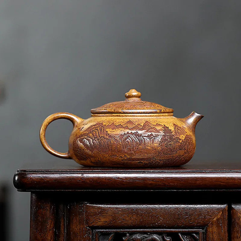 Yixing Handmade Teapot Hand-carved Landscape Pattern Kettle Chinese Zisha TeaSet