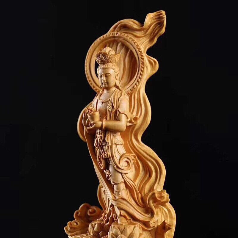 16cm Handcarved Cypress Wood Guanyin Bodhisattva Enshrine Buddha Statue Ornament