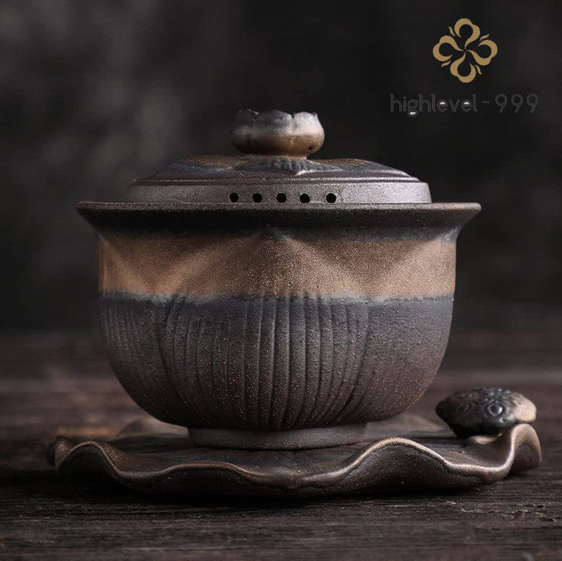 4.6" Chinese Retro Coarse Pottery Gaiwan Tea Cup Handmade Tureen Tea Bowl TeaSet